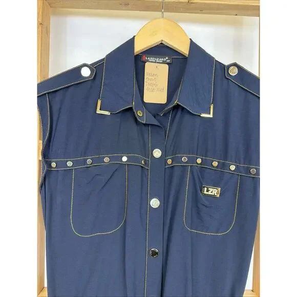 Lazenzaro Blue Pockets Sleeveless Collared Utility Snap Up Dress #1563 Size MED - Picture 3 of 5